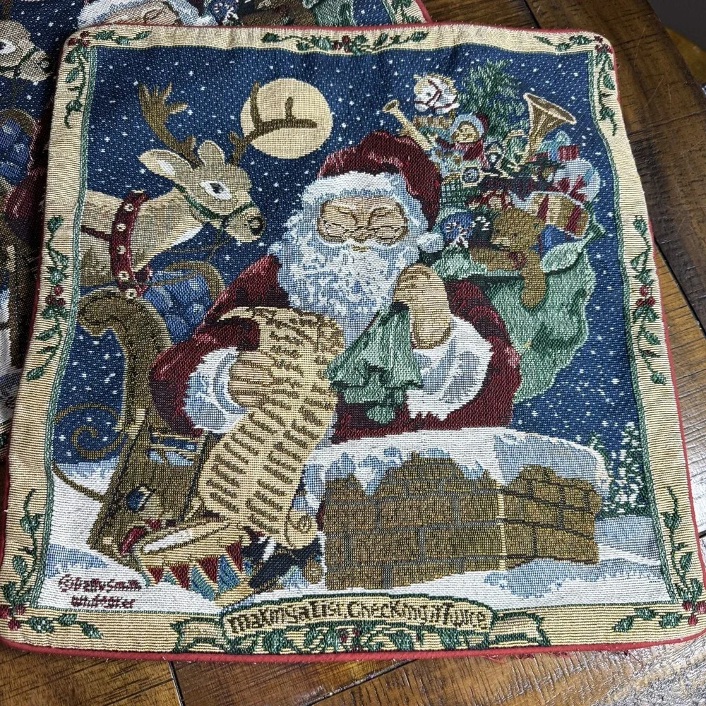 Vtg Set Of 2 Betty Smith‎ Whiteaker Santa  Christmas Tapestry Pillow Covers 15